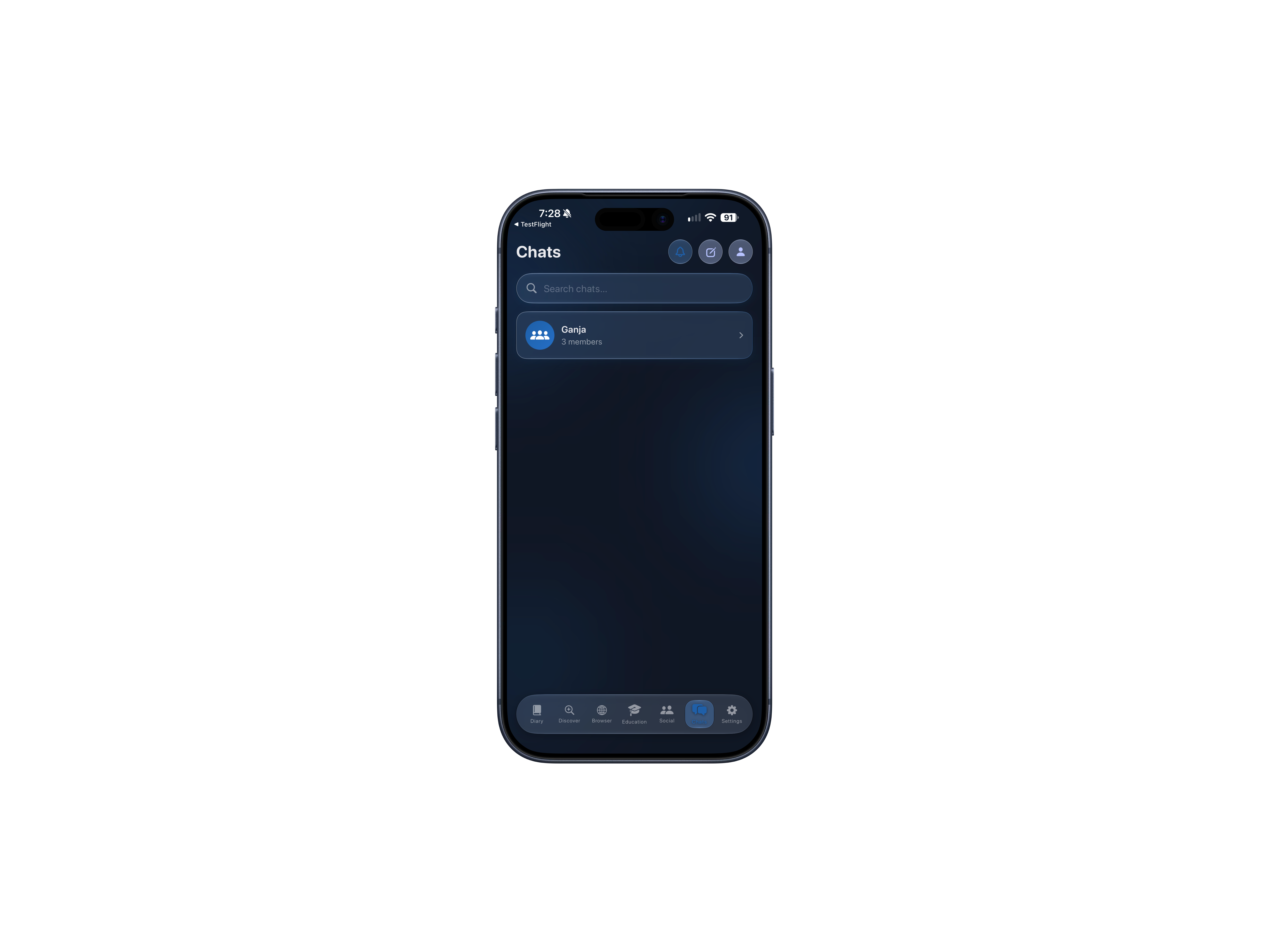 Chats screen with search and a group conversation