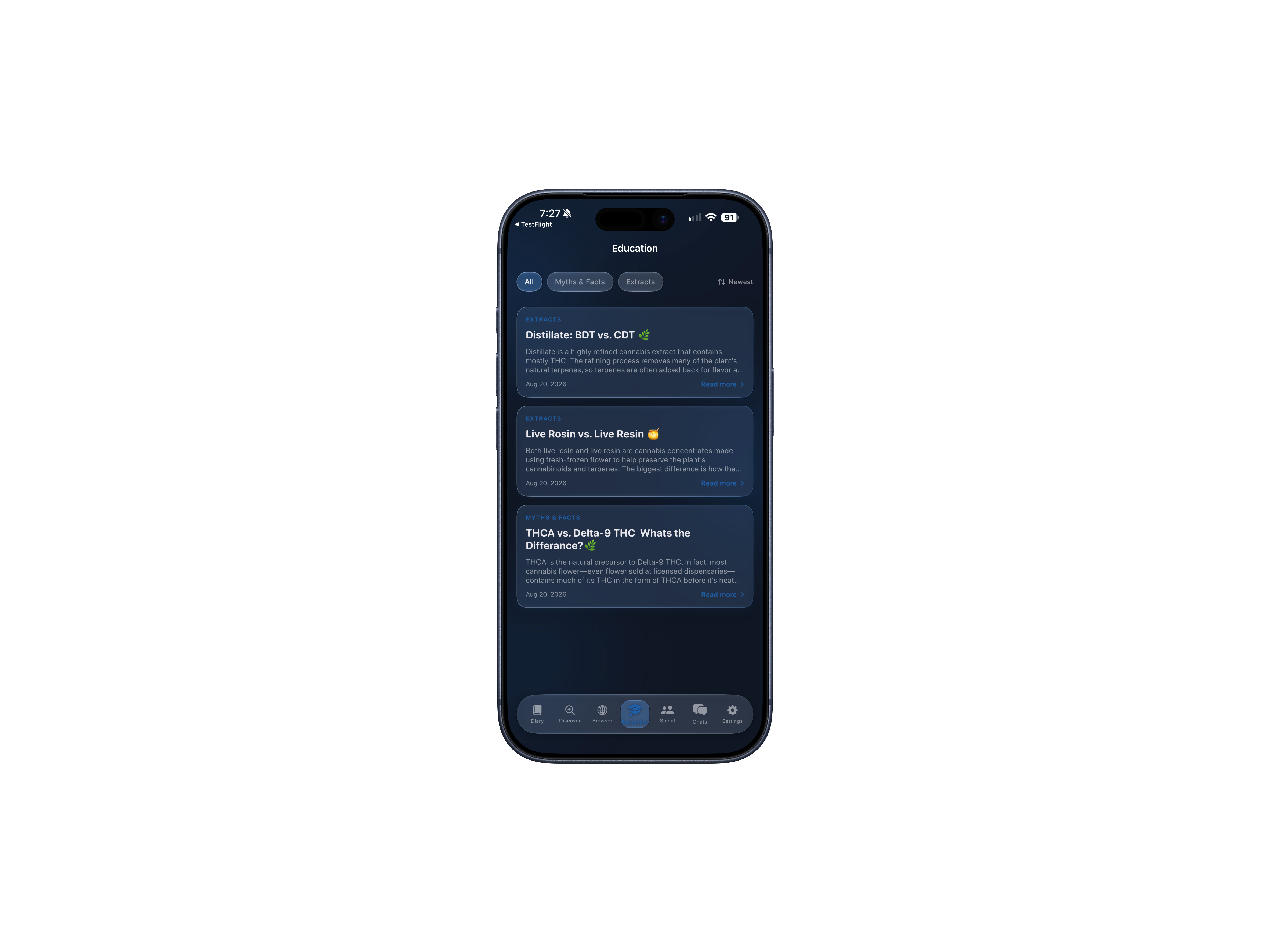Education screen showing extract articles and topic filters