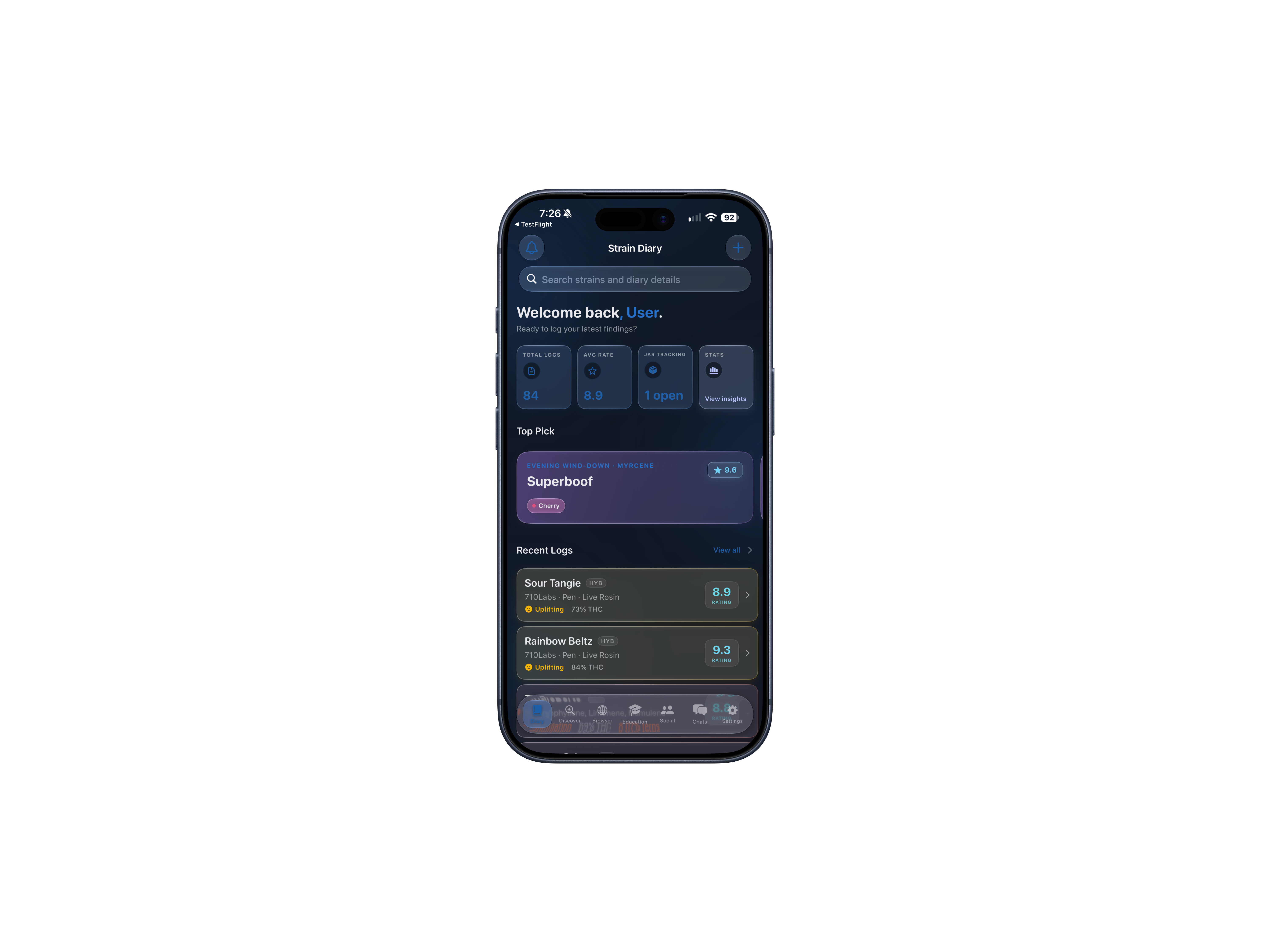 Strain Diary home screen with recent logs and ratings
