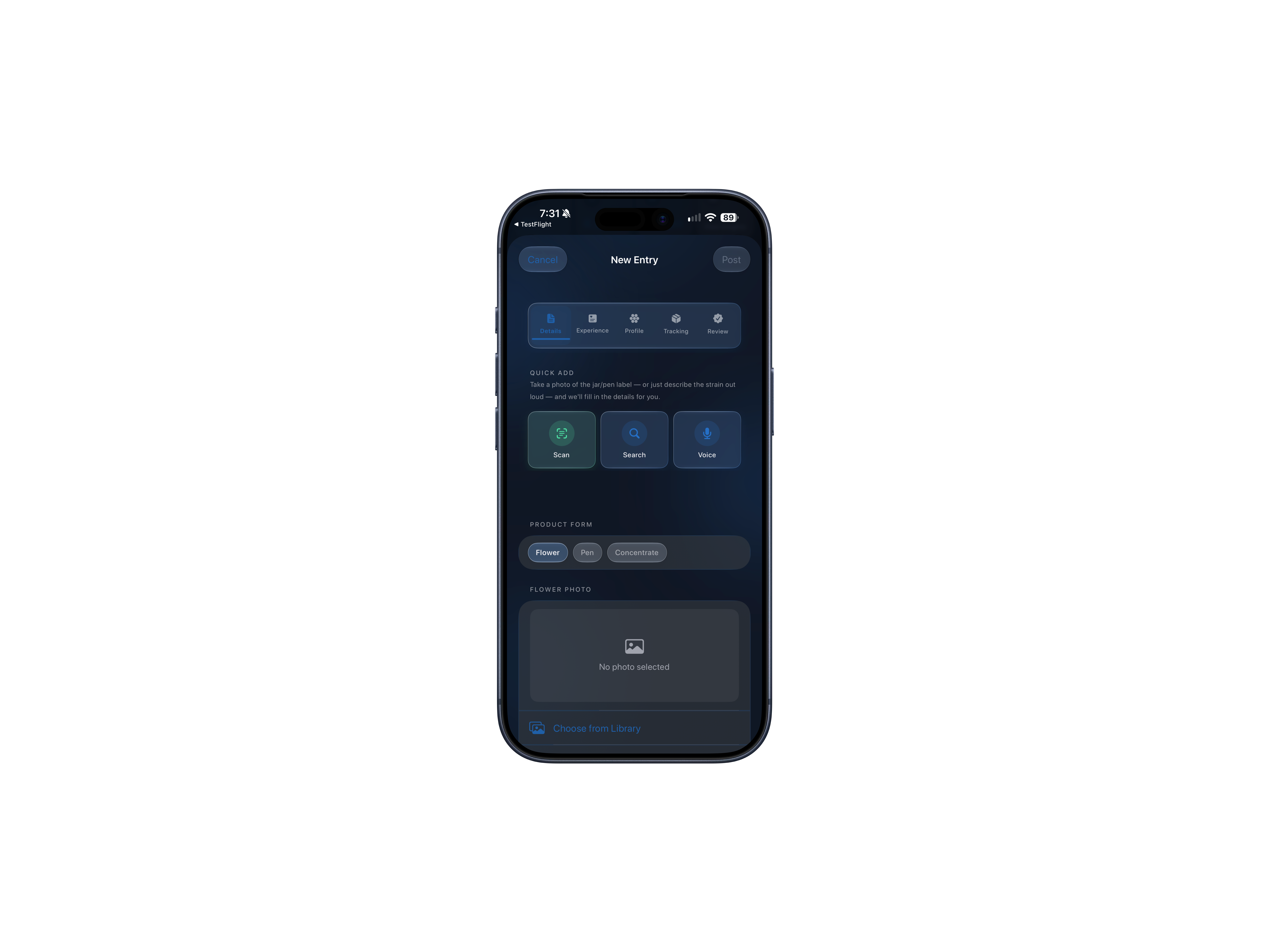 New strain entry with scan, search and voice options