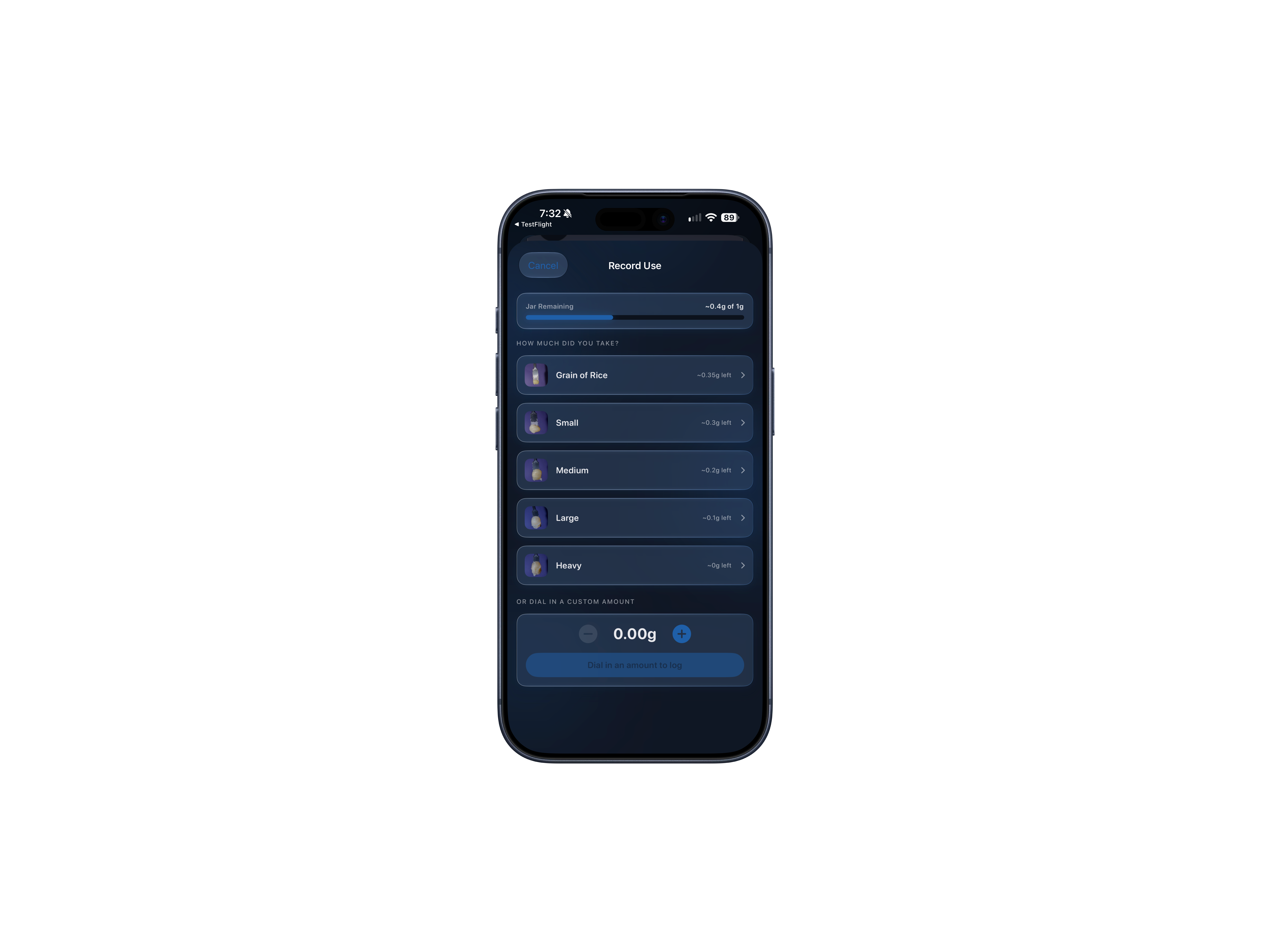 Record Use screen with jar remaining and custom amount controls