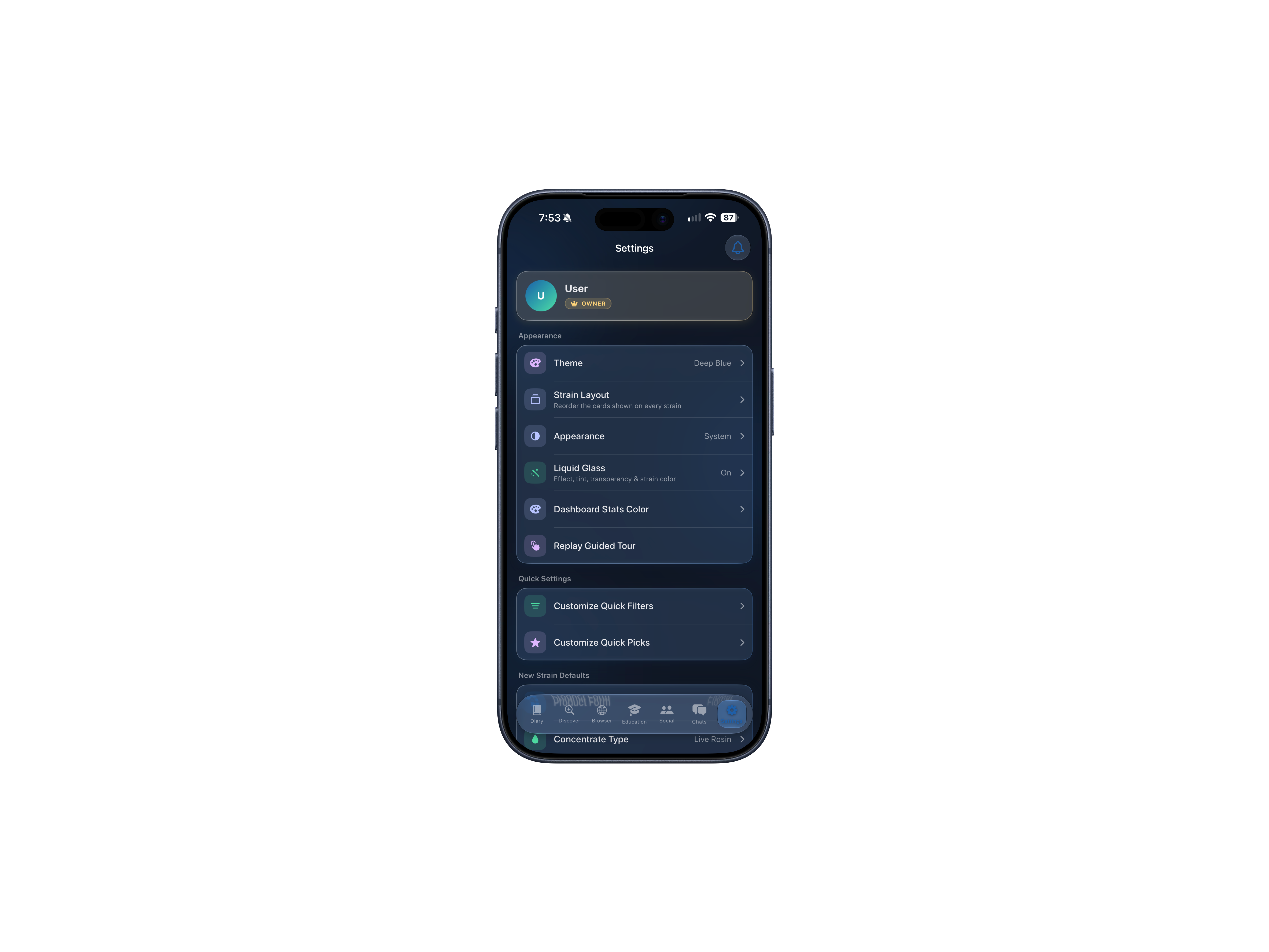Settings screen with theme, appearance and customization options