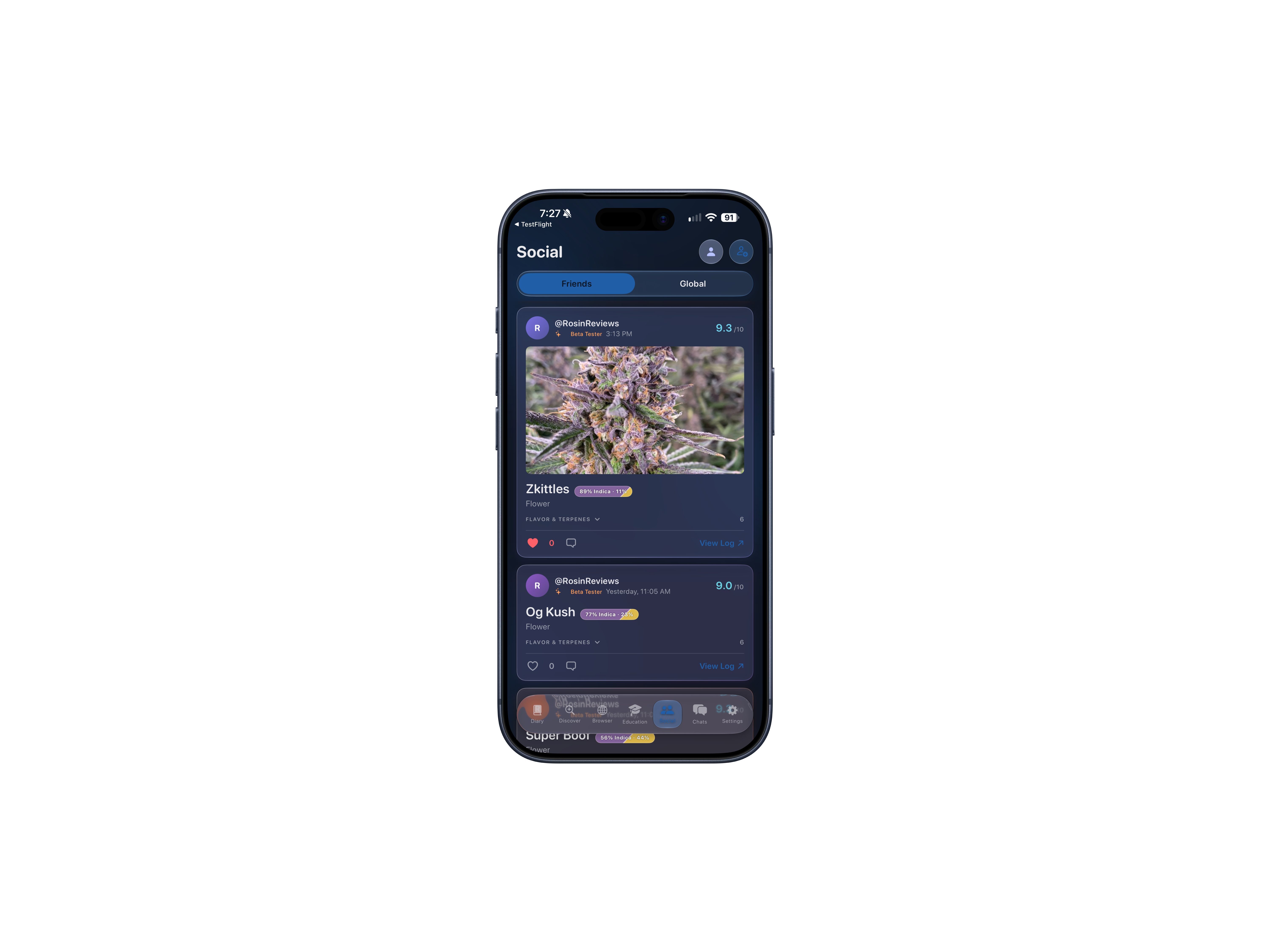 Social feed showing shared strain photos and ratings